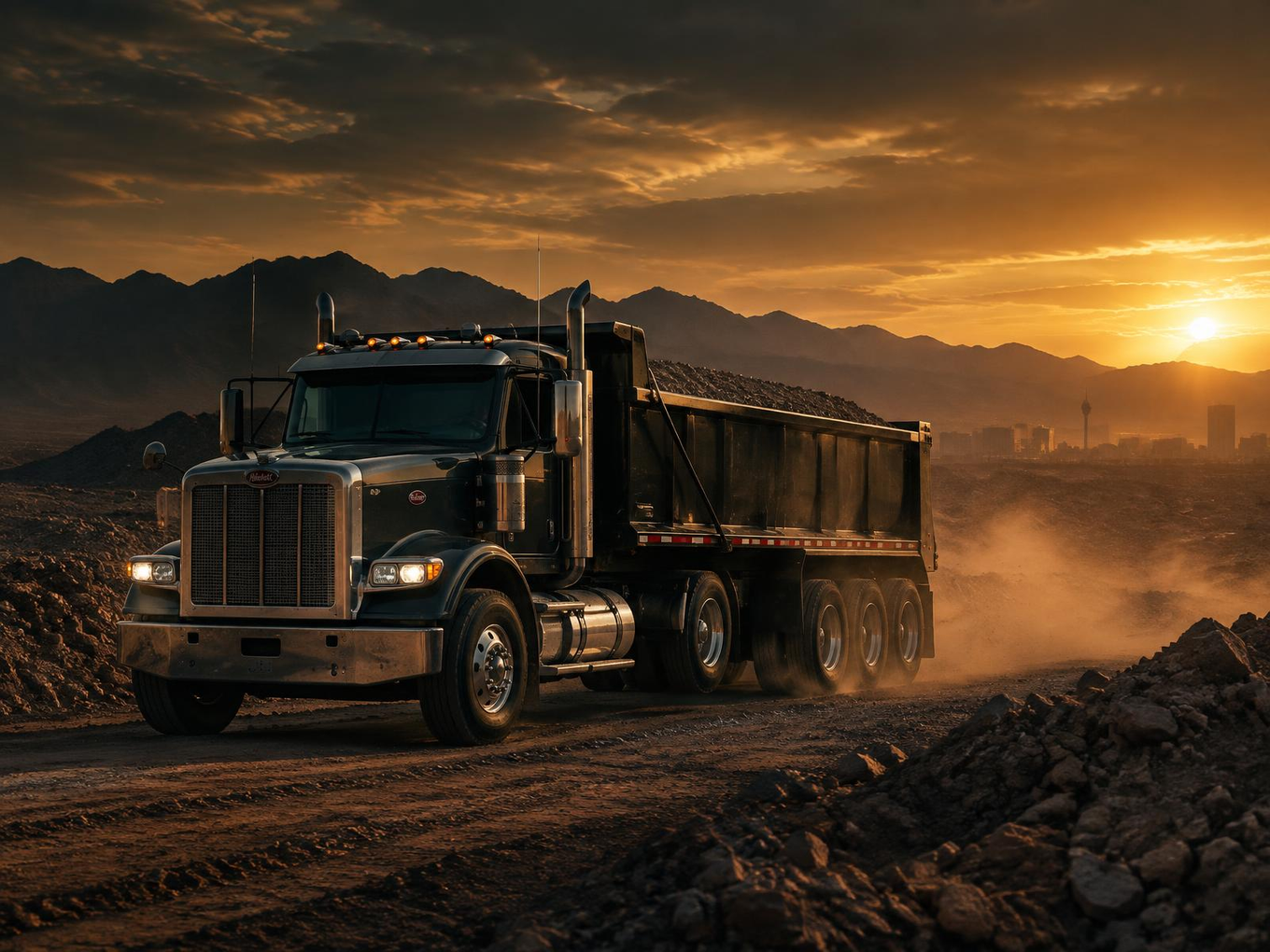 Late-model dump truck hauling aggregate on a desert job site outside Las Vegas at golden hour